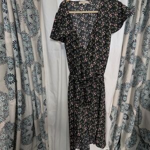 LOFT Black Midi Dress with Pink Floral Pattern